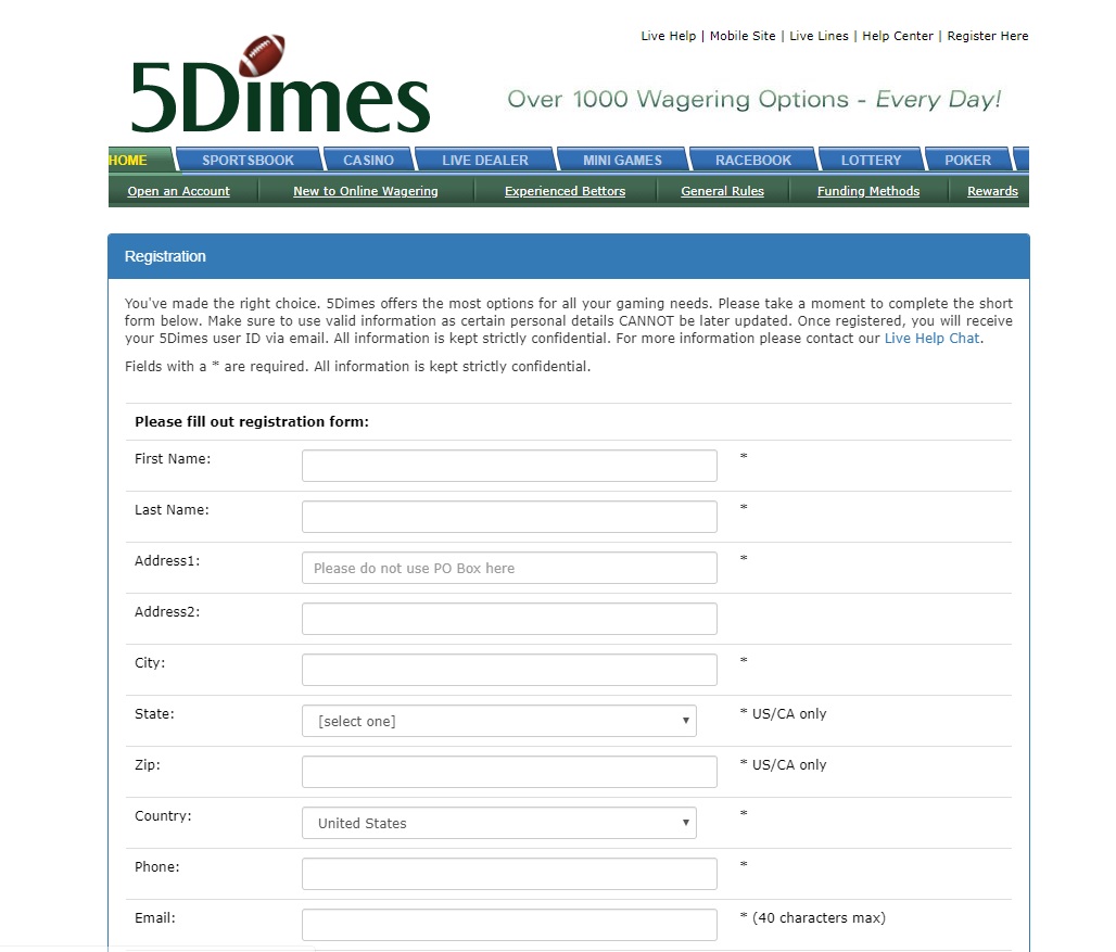 5Dimes - регистрация на сайте